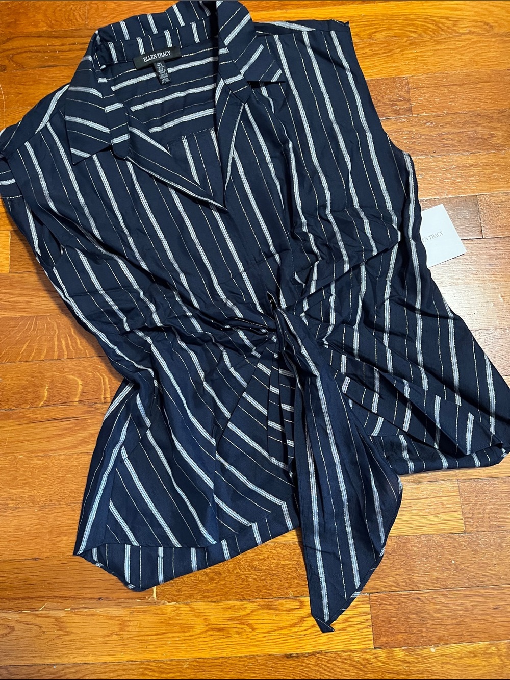 Navy top w/Gray &  Silver Stripes. NWT size L. Tie front sash. ELLEN TRACY